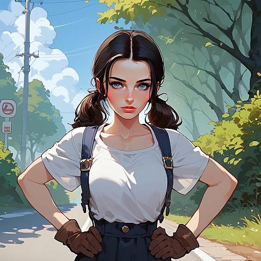 Anime Style Digital Illustration of Confident Woman on Road