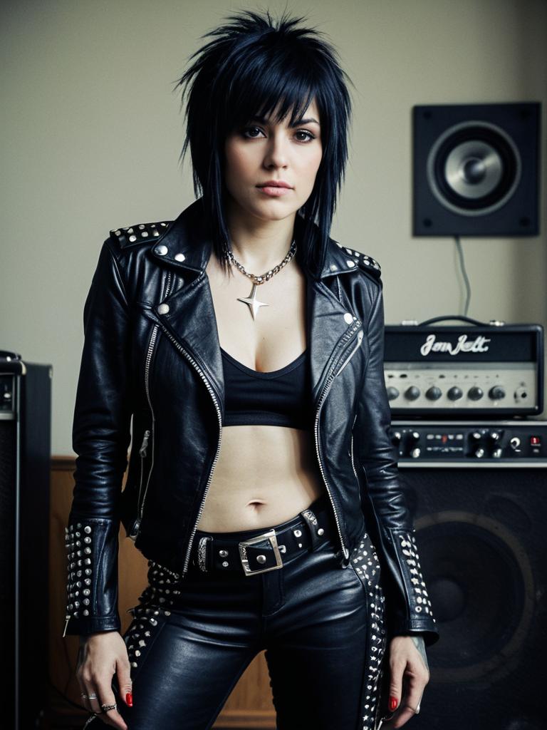 Photorealistic Joan Jett Rockstar Woman Cosplay Portrait in Studded Leather