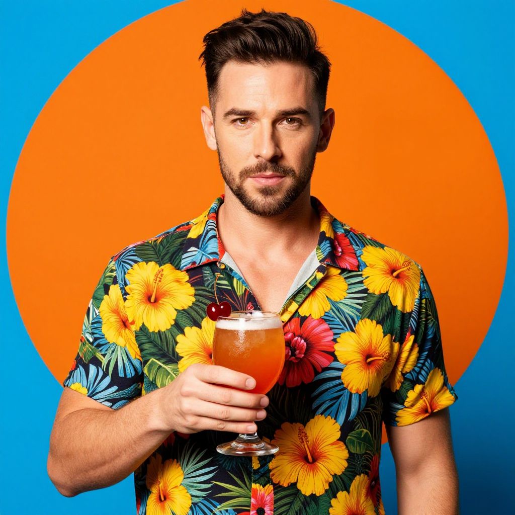 Man in Vibrant Hawaiian Shirt Holding Cocktail Against Colorful Background