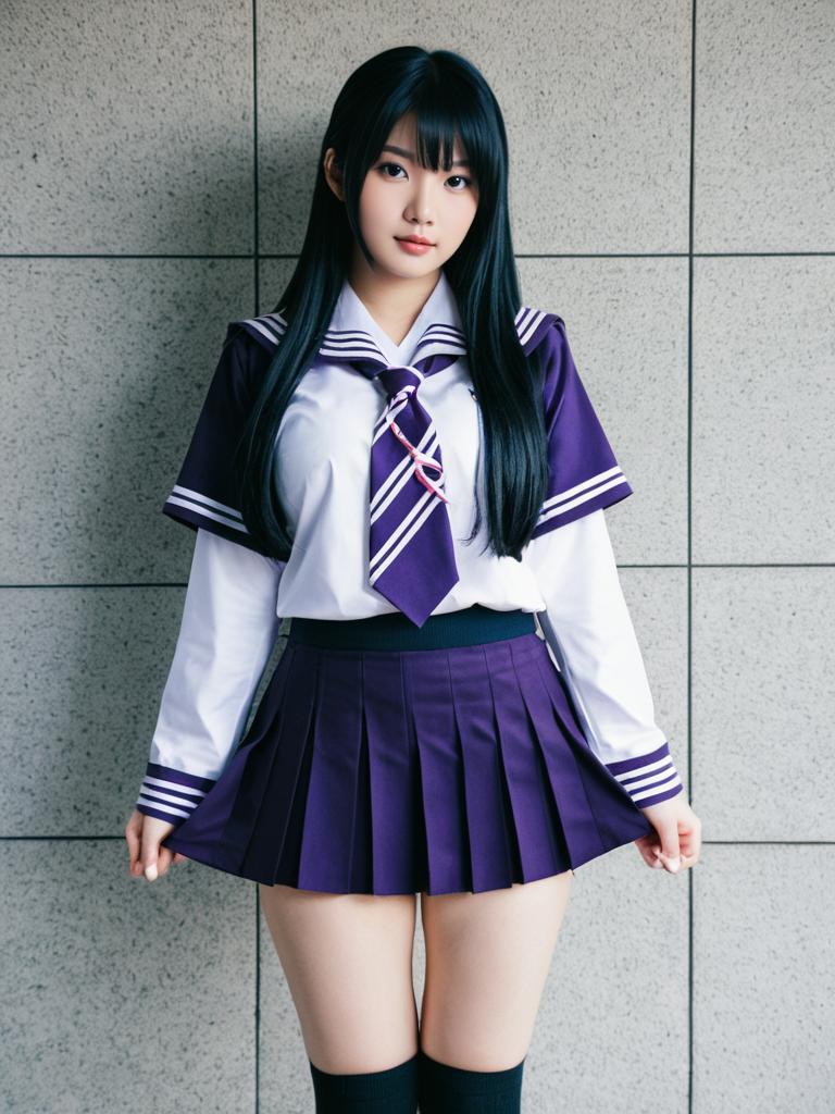 Young Woman in Japanese Sailor School Uniform with Purple Accents
