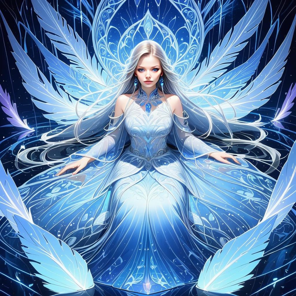 Fantasy Portrait of a Woman with Silver Hair in a Glowing Blue Gown