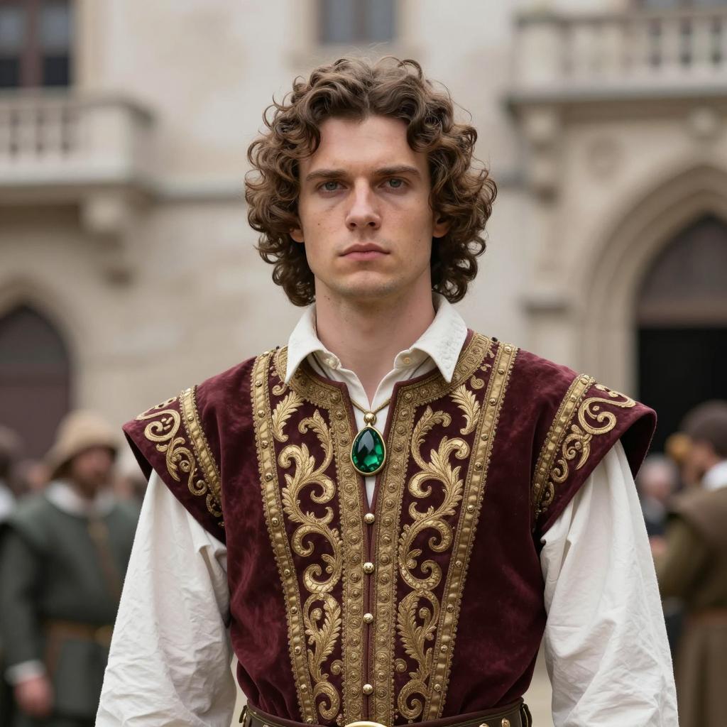 Renaissance Man in Ornate Burgundy and Gold Costume with Green Gemstone Pendant