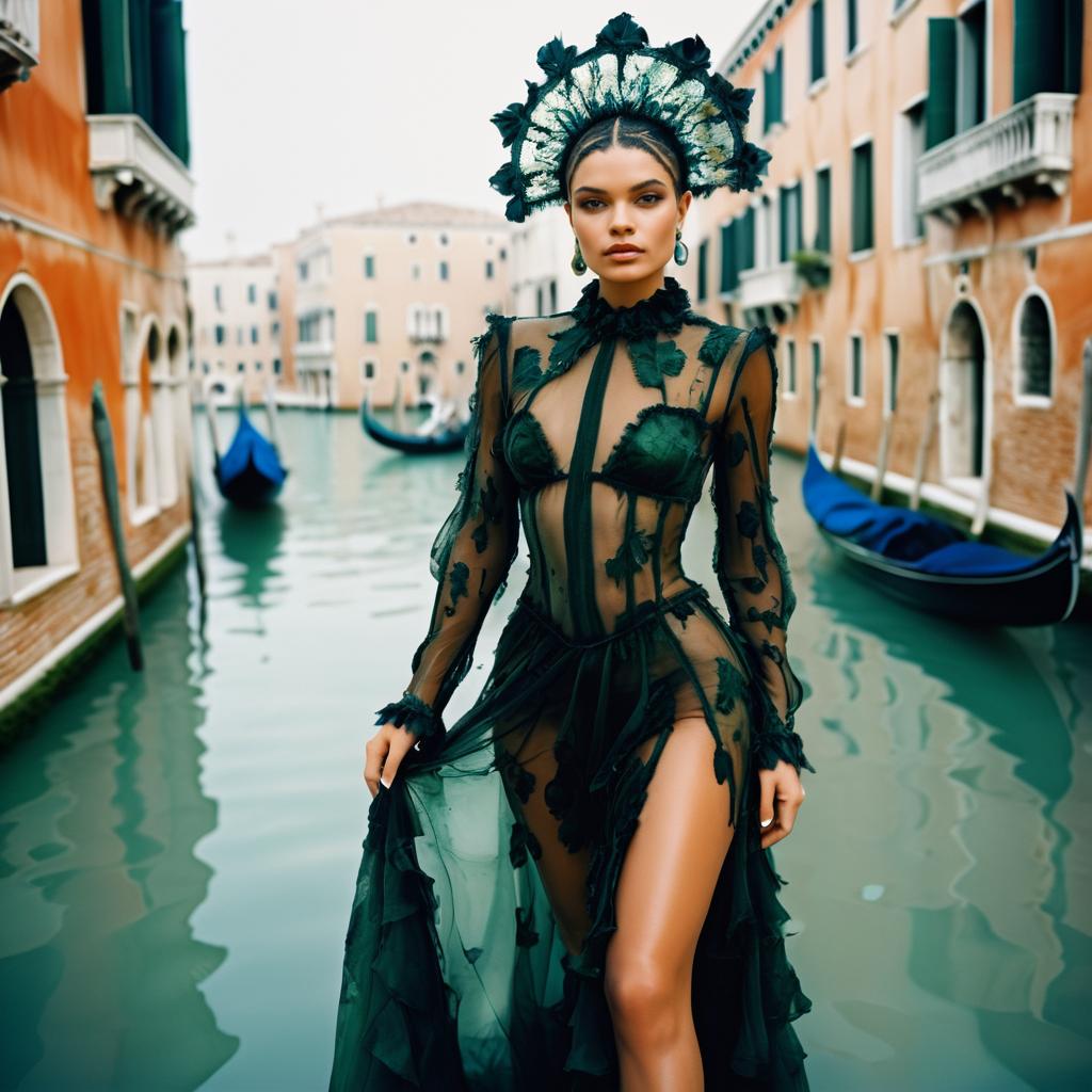 Model in Elegant Black Gown at Venice Canals