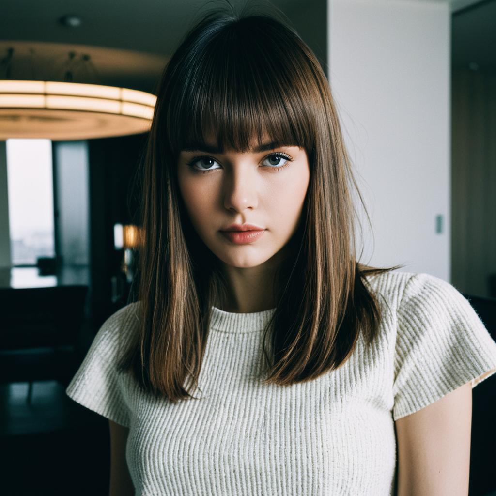 Portrait of Young Woman with Brown Hair in Modern Indoor Setting