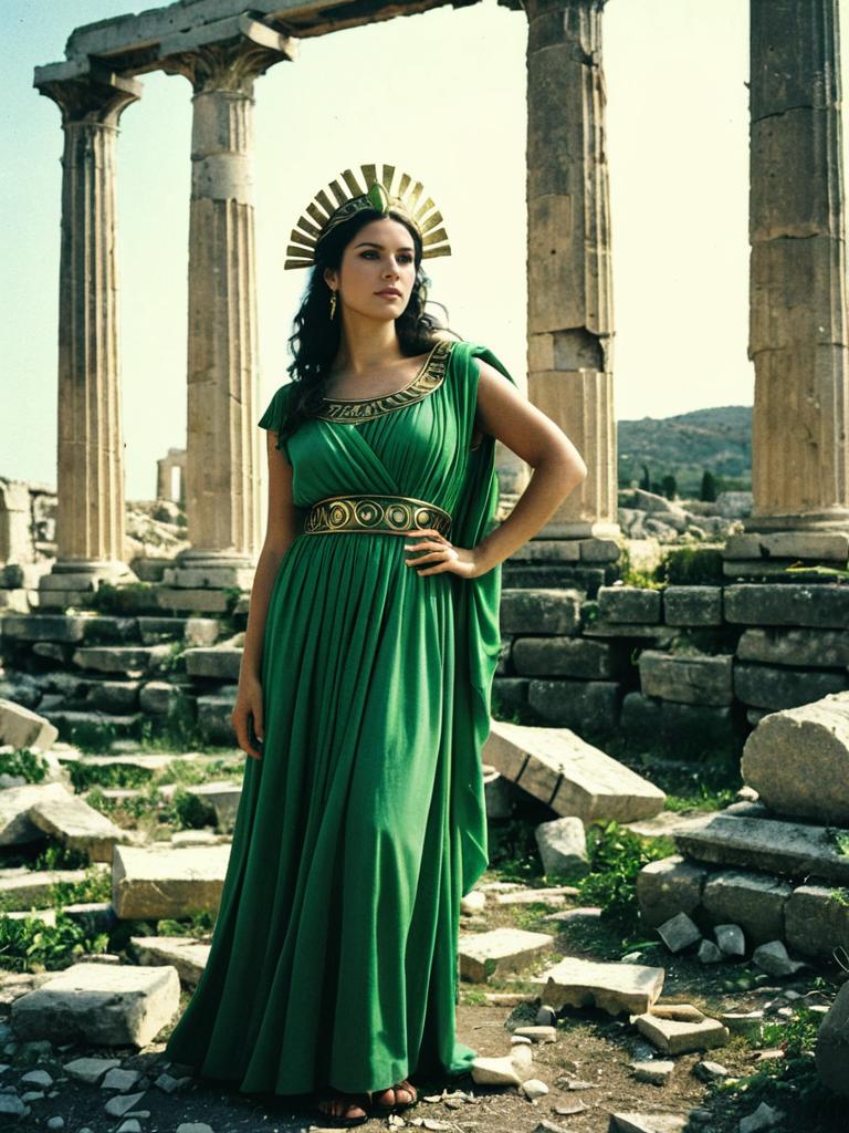 Woman in Green Greek Goddess Costume Photorealistic Outdoor Portrait