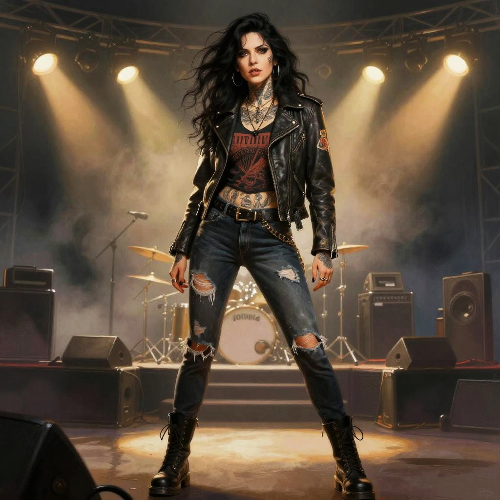 Edgy Gen Z Woman Rocker with Leather Jacket on Stage