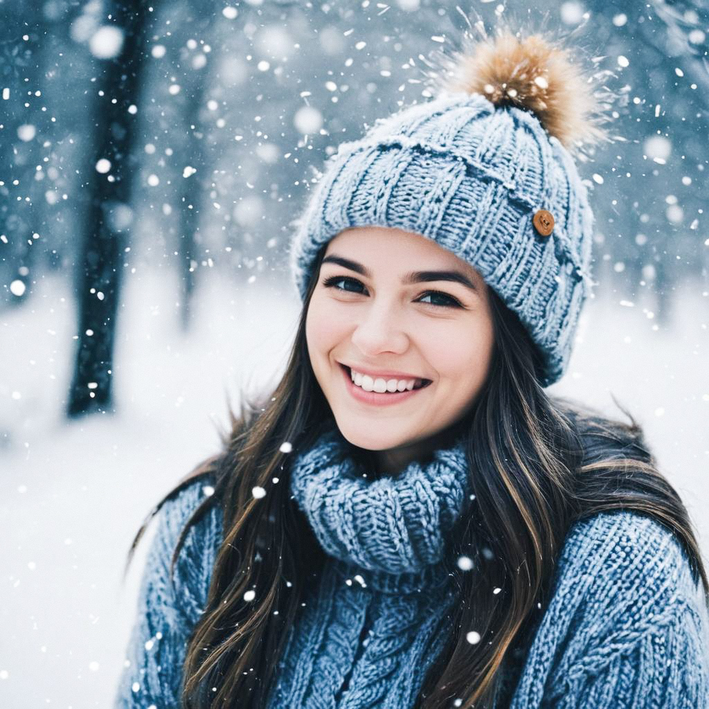 Smiling Woman in Winter Forest with Snow