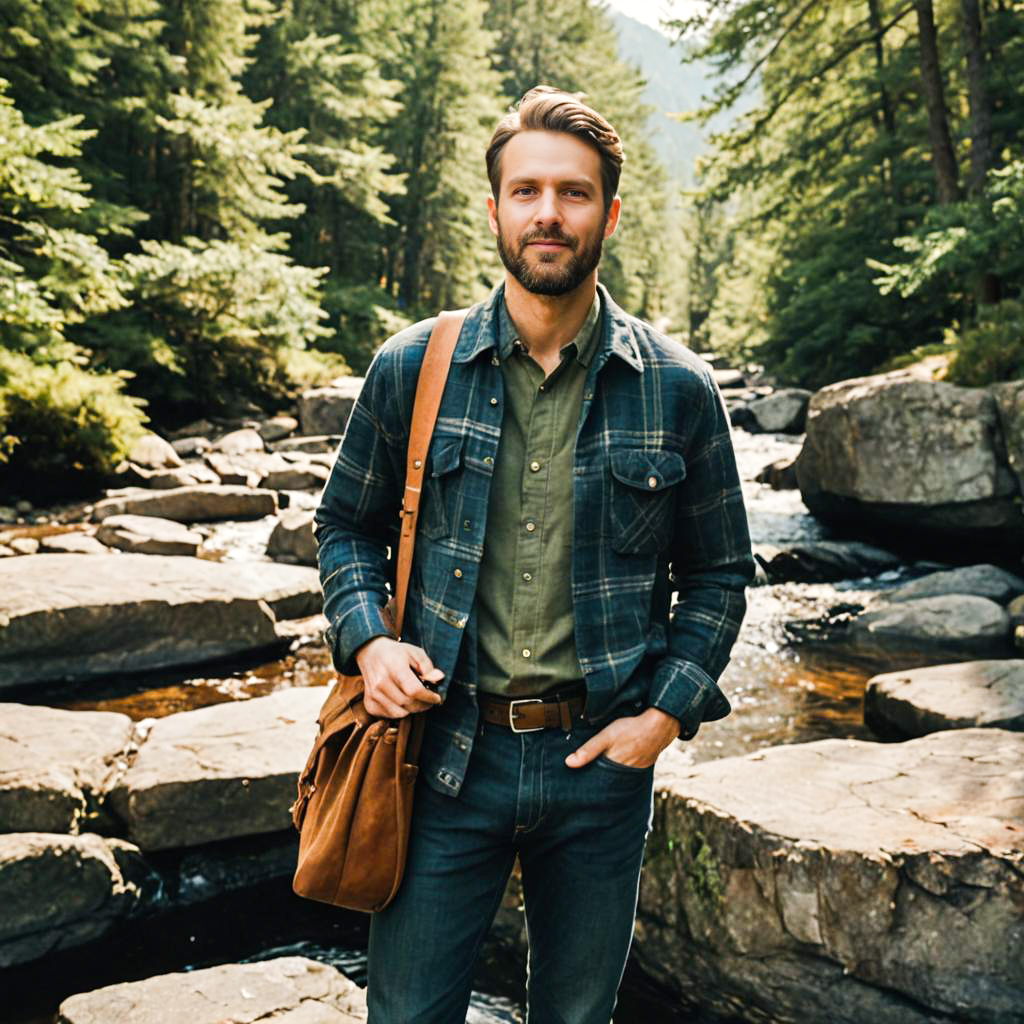 Rugged man by serene river in flannel and denim