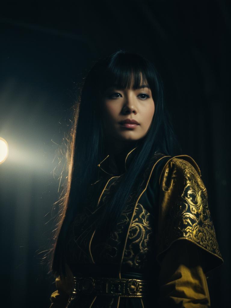 Realistic Cosplay Woman Wearing Daki Ume Costume in Dramatic Lighting