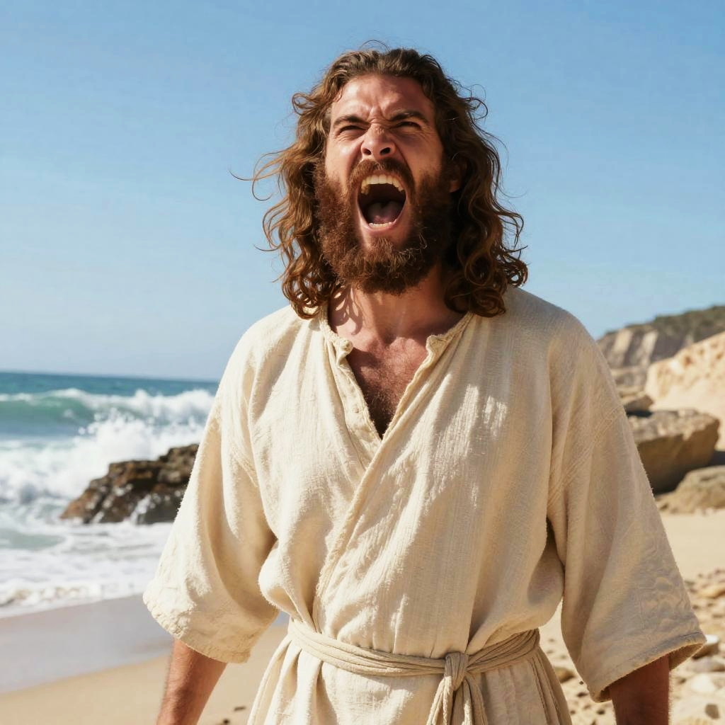 Bearded Man in Robe Yelling on Rocky Beach by Ocean