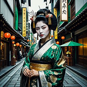 Woman in Traditional Kimono in Lantern-Lit Street