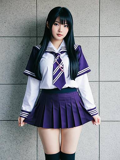 Young Woman in Japanese Sailor School Uniform with Purple Accents