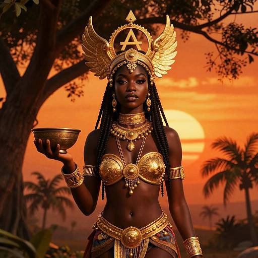 Regal Woman in Golden Armor and Headdress at Sunset