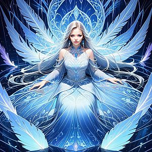 Fantasy Portrait of a Woman with Silver Hair in a Glowing Blue Gown