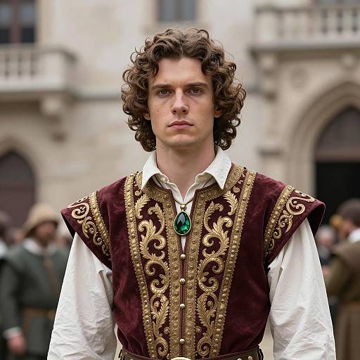 Renaissance Man in Ornate Burgundy and Gold Costume with Green Gemstone Pendant