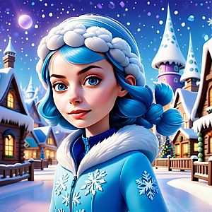 Young Woman in Blue Hair in Snowy Village at Night