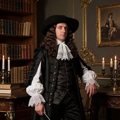 Baroque Style Man in Historical Costume with Antique Books and Candles