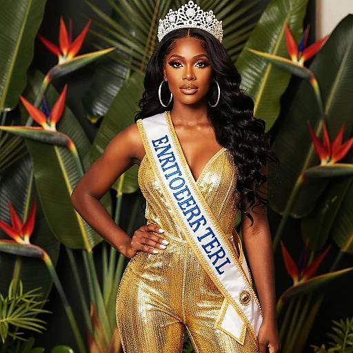 Confident Woman in Gold Jumpsuit and Crown with Pageant Sash