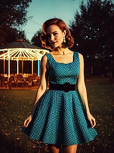 Photorealistic Outdoor Portrait of Woman in Retro Party Dress with Neon Carousel Lights