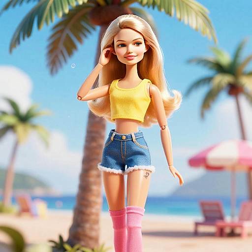 Trendy Blonde Woman Doll in Yellow Crop Top and Denim Shorts on Tropical Beach