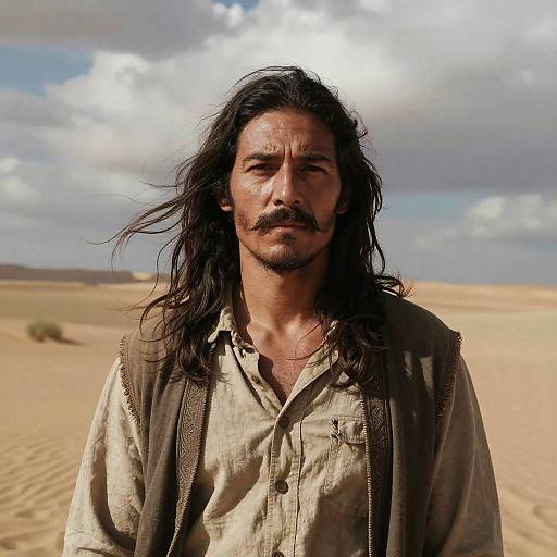 Portrait of Man in Desert with Long Hair and Mustache