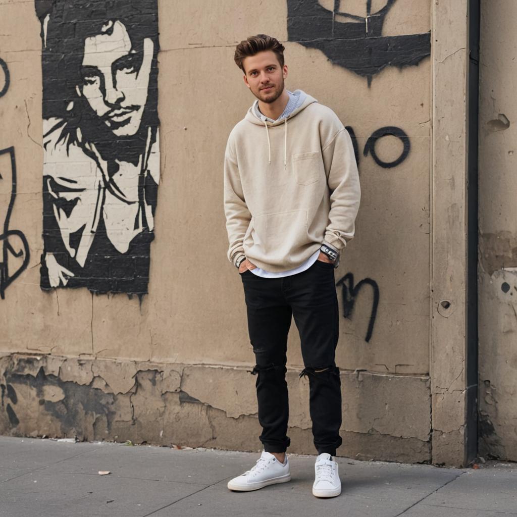 Stylish man in front of graffiti wall