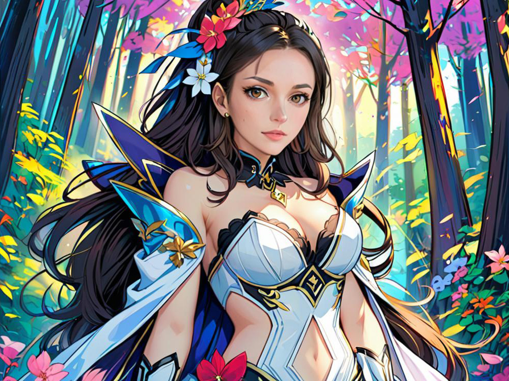 Anime Woman in Fantasy Outfit with Blossoming Trees