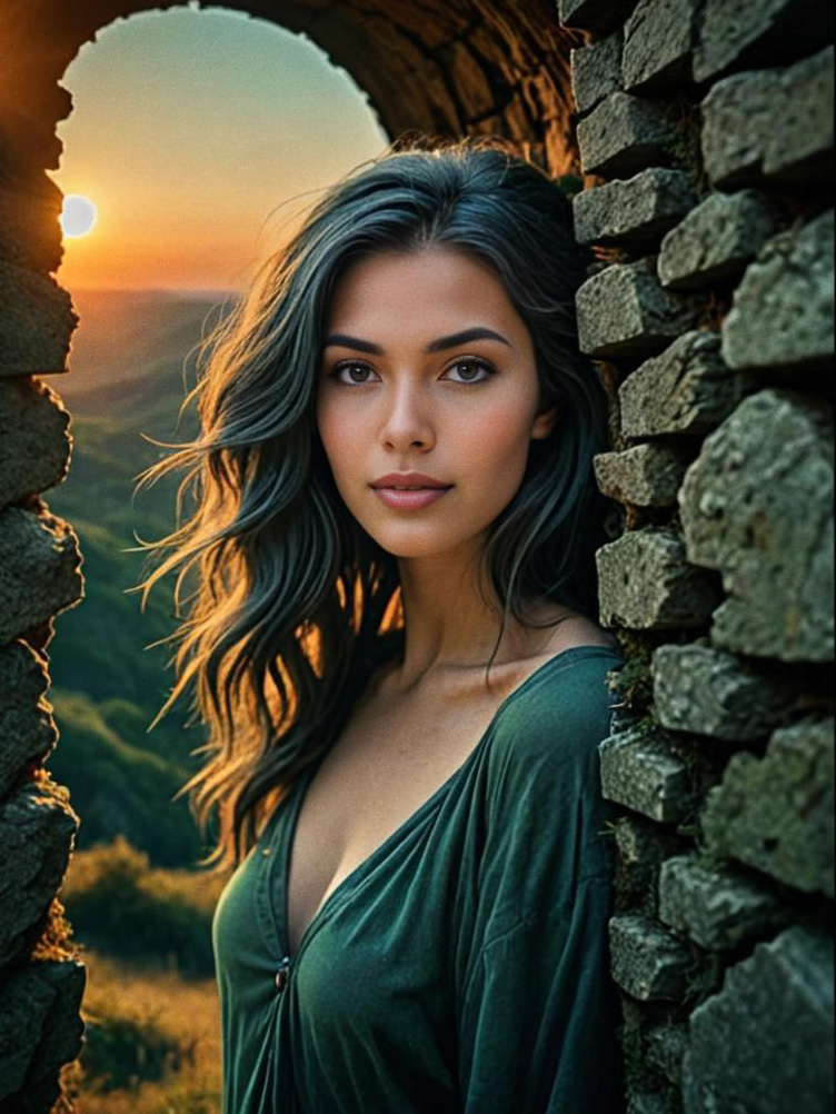 Woman with flowing hair by rustic stone walls at sunset