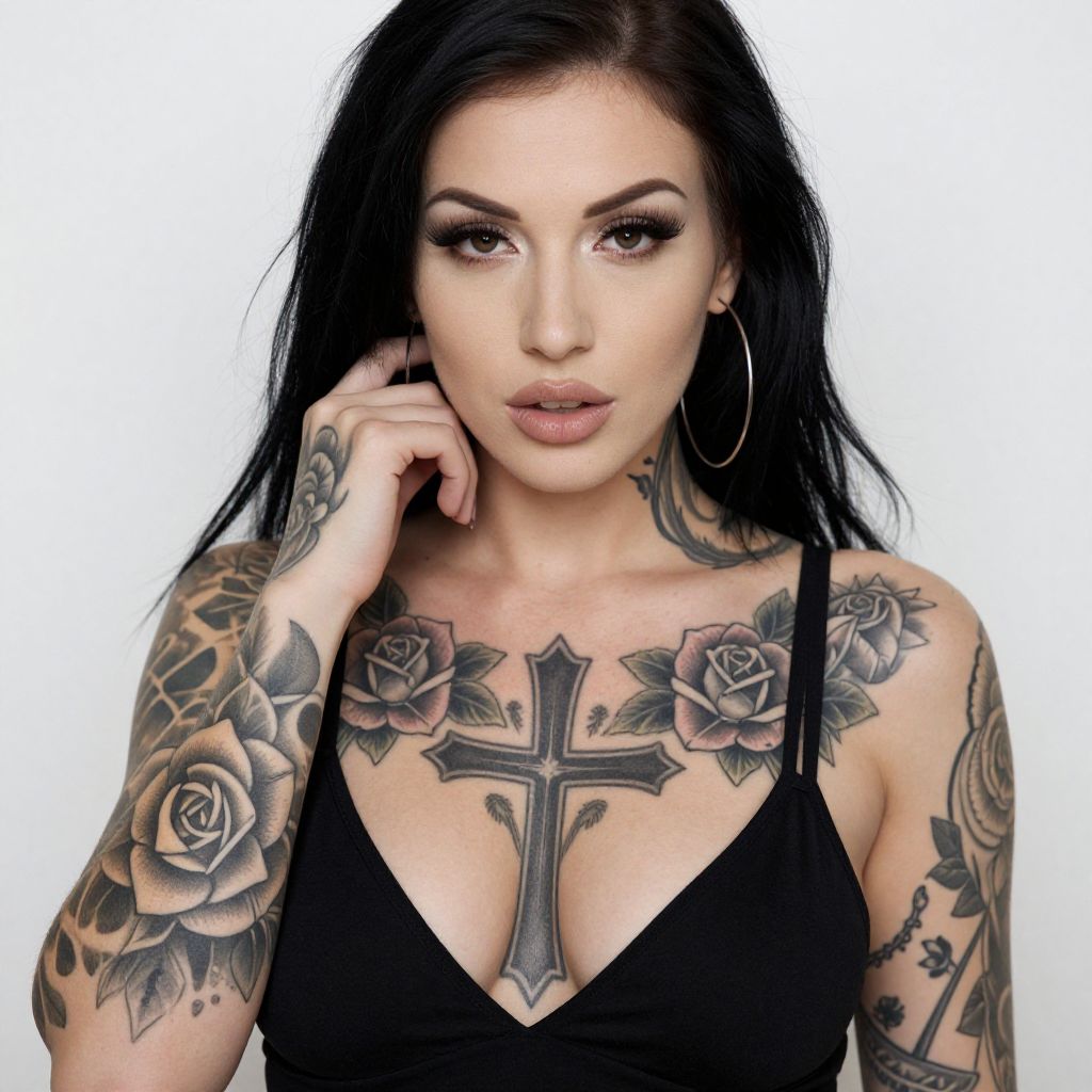Tattooed Woman with Roses and Cross Body Art in Black Top