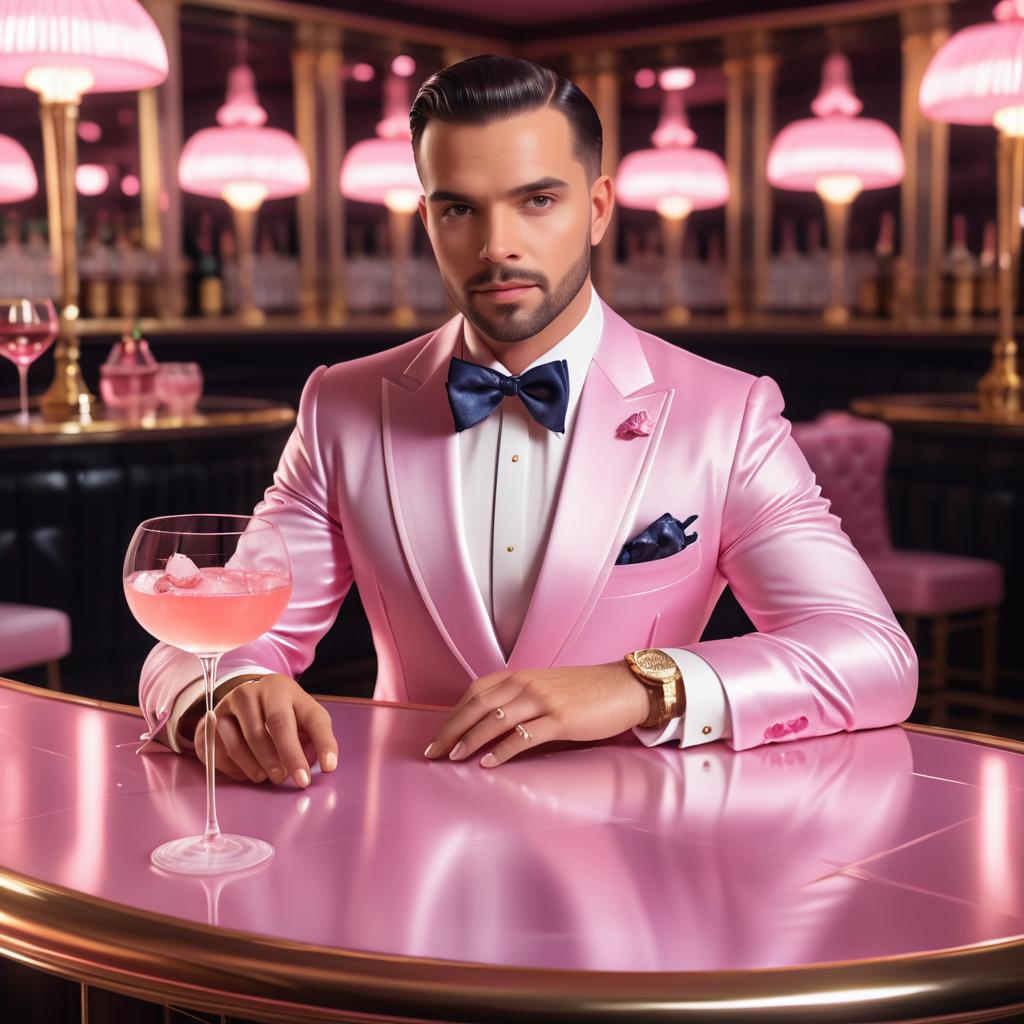 Stylish man in pink tuxedo at a chic bar