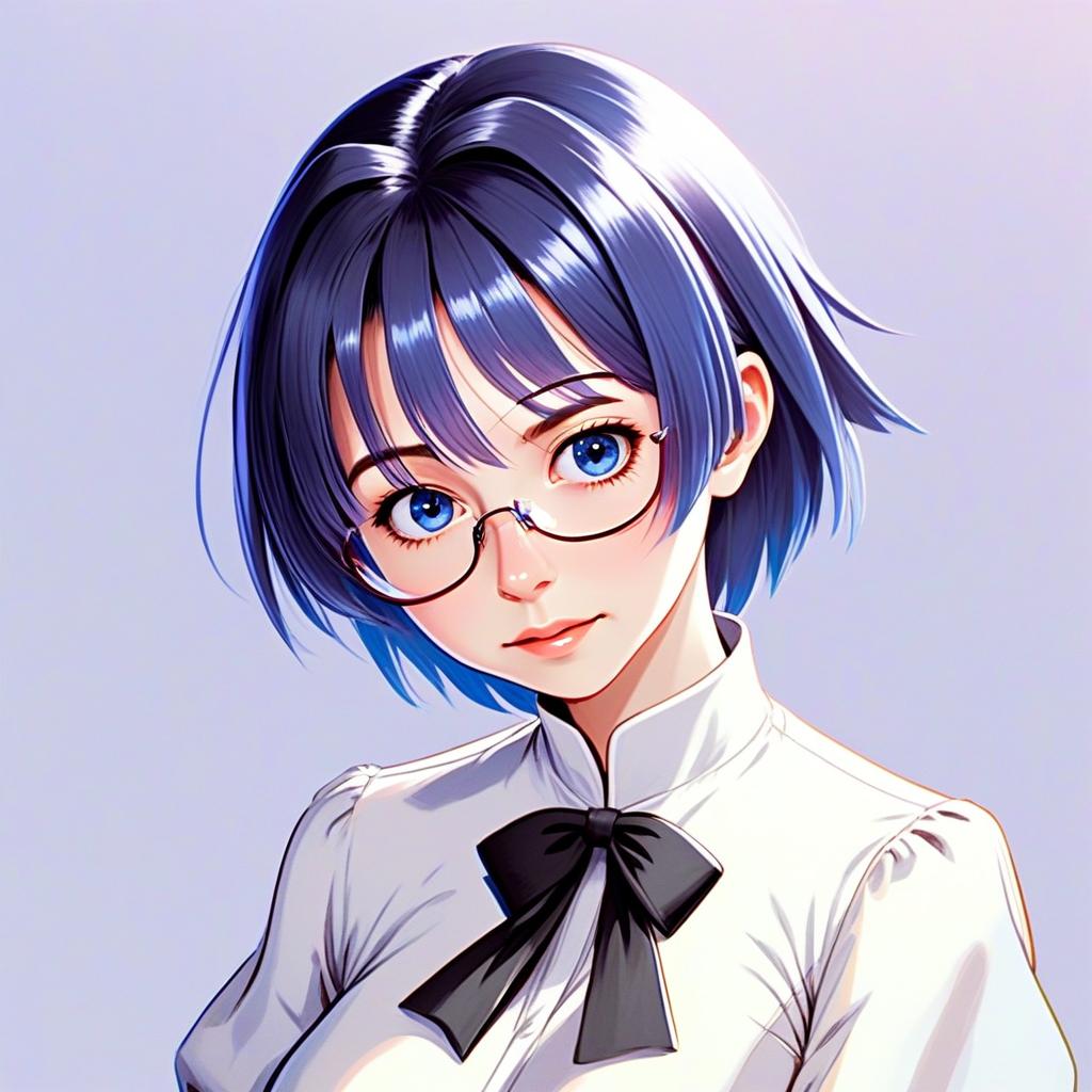 Hakamichi Shizune Portrait of Young Woman with Blue Hair and Glasses in Anime Style