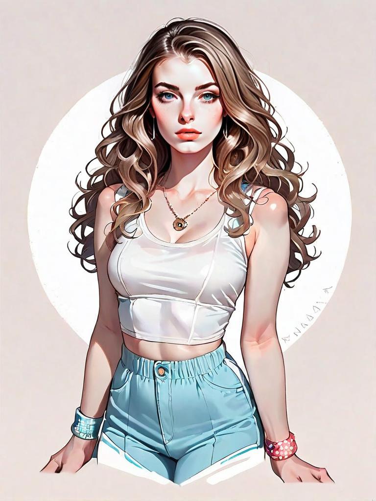 Realistic Comic Style Illustration of Woman in Sportswear with Wavy Hair