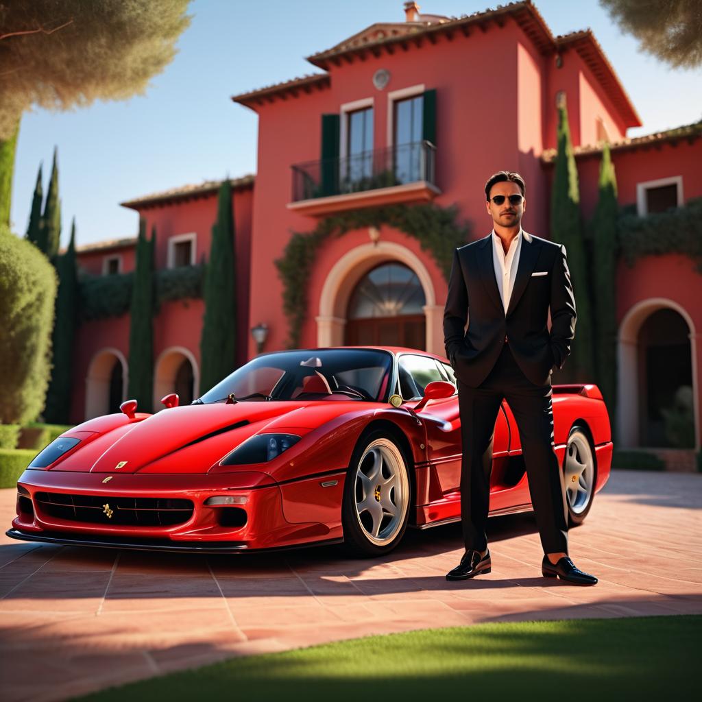 Confident Man with Red Ferrari F50 at Elegant Villa