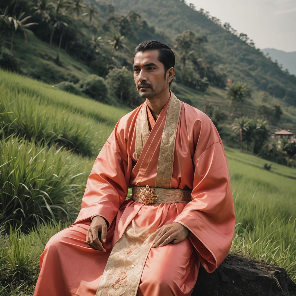 Man in Traditional Pink Robe in Mountainous Green Terraced Landscape
