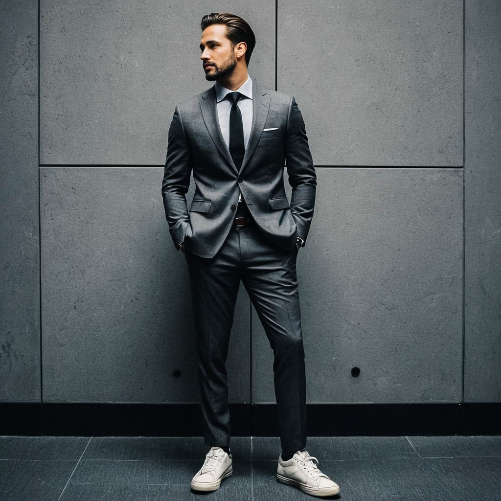 Confident Man in Gray Suit and Sneakers Confident Man in Gray Suit and Sneakers