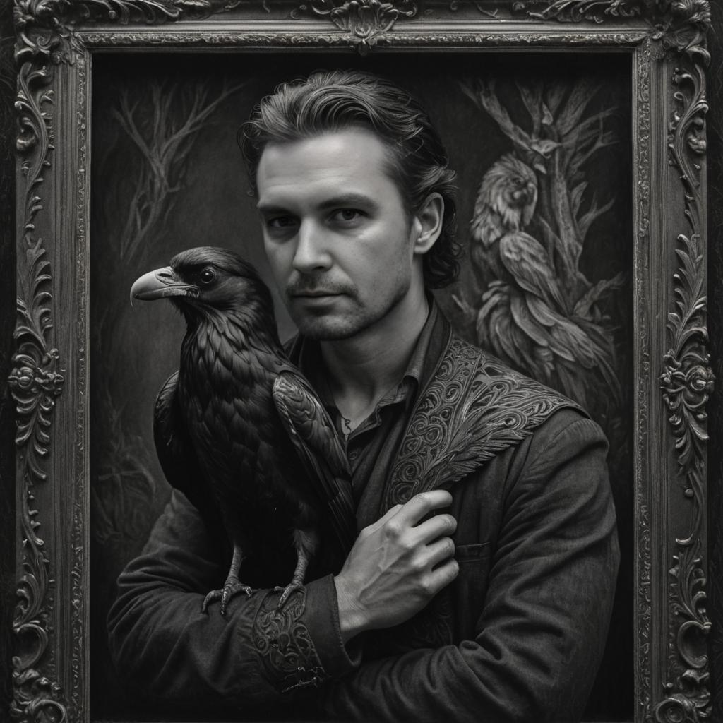 Monochrome portrait of man with raven drawing