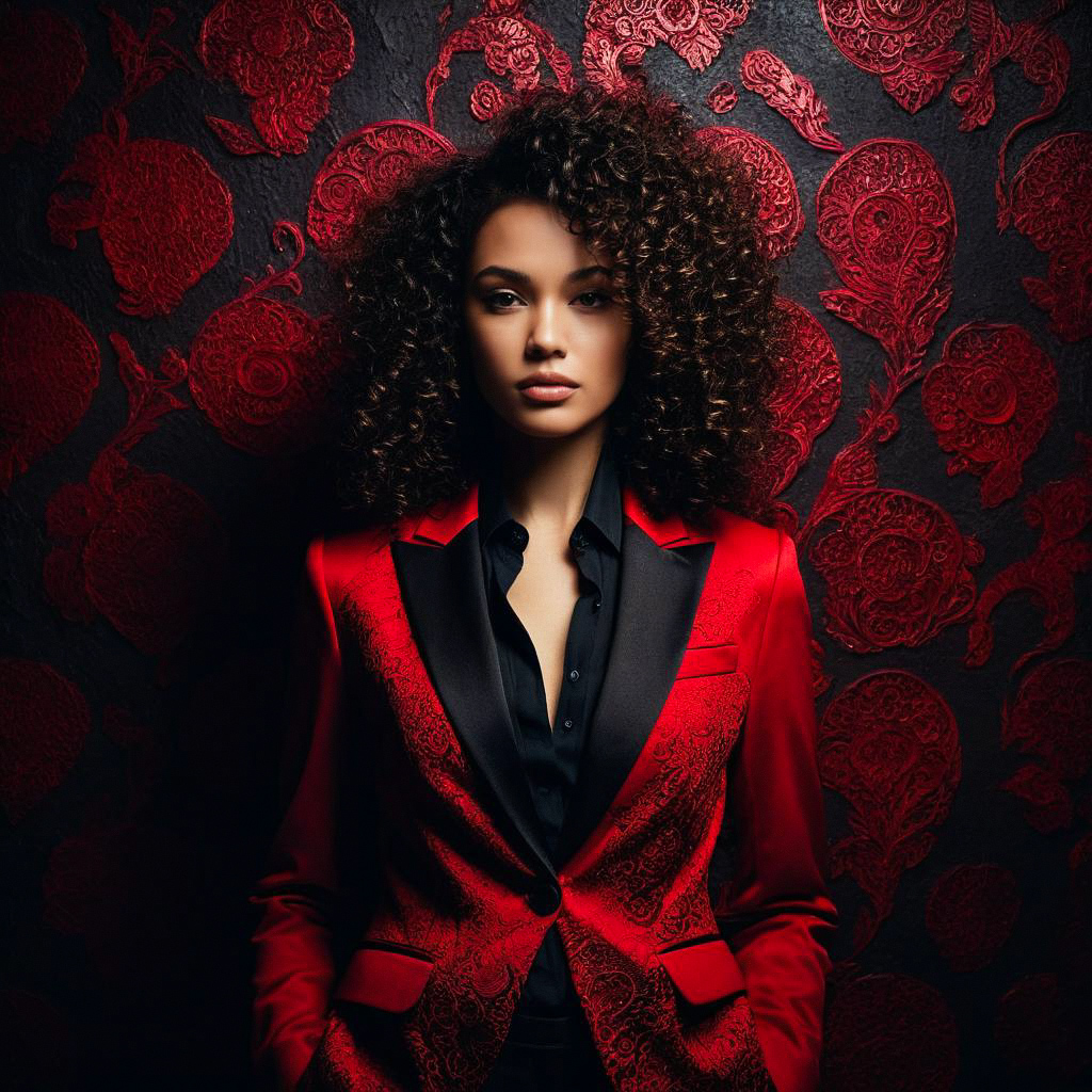 Confident Woman in Red Blazer Against Dark Paisley Background