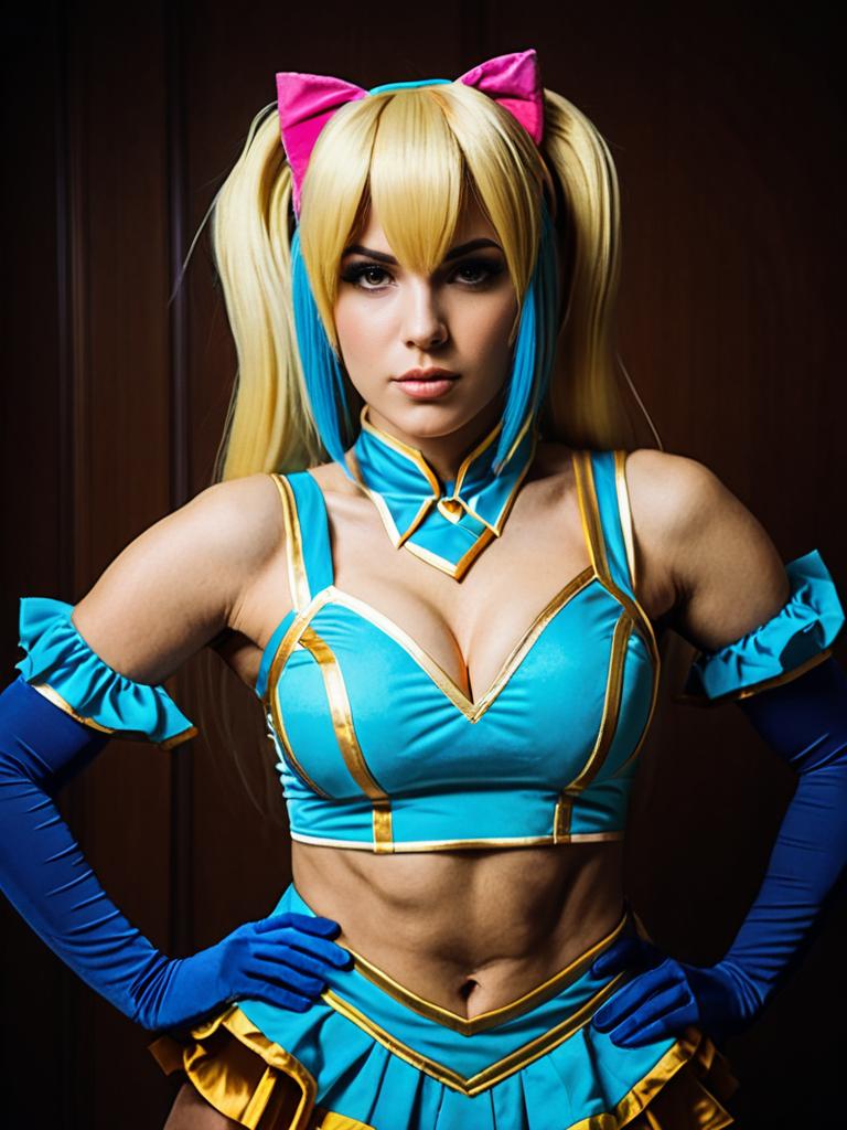 Woman in Realistic R. Mika Cosplay Costume with Blonde Twin Tails
