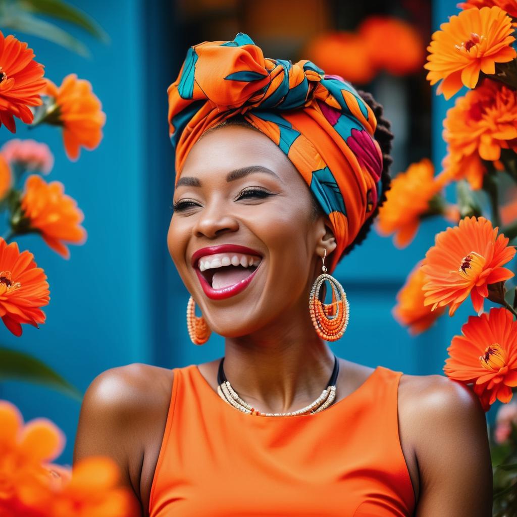 Joyful Woman in Orange Dress with Flowers