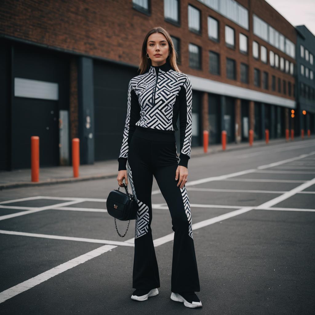 Modern Stylish Woman in Black and White Geometric Athleisure Outfit on Urban Street