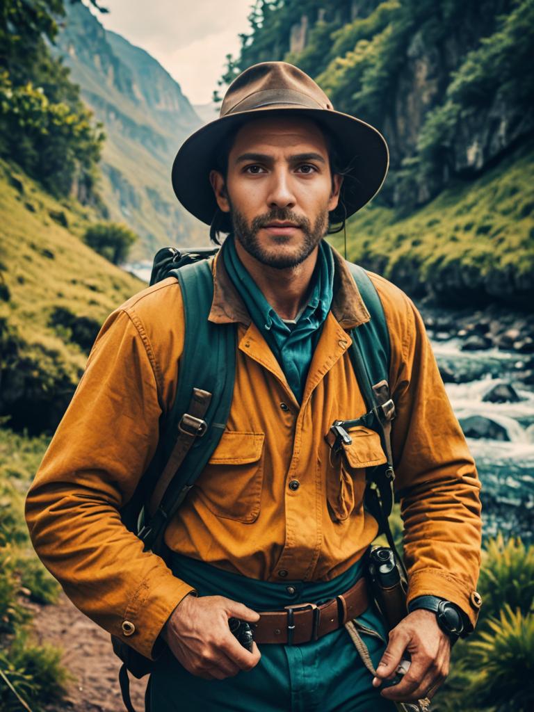 Rugged Explorer in Lush Mountains