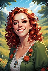 Smiling Woman with Red Curly Hair in Countryside