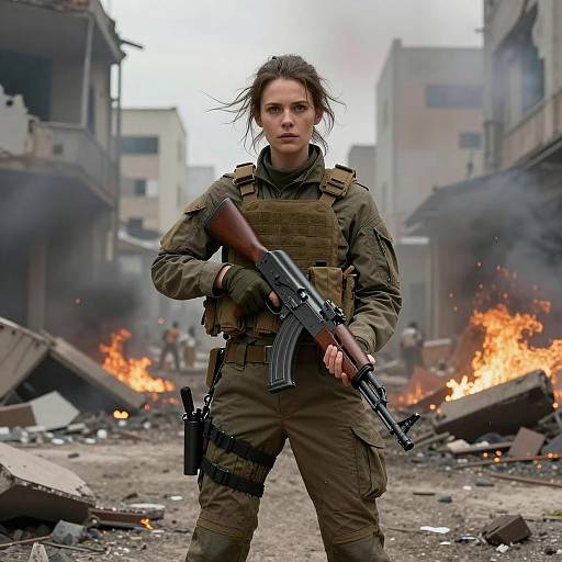 Woman Soldier in Tactical Gear Holding Rifle on War-Torn Urban Battlefield