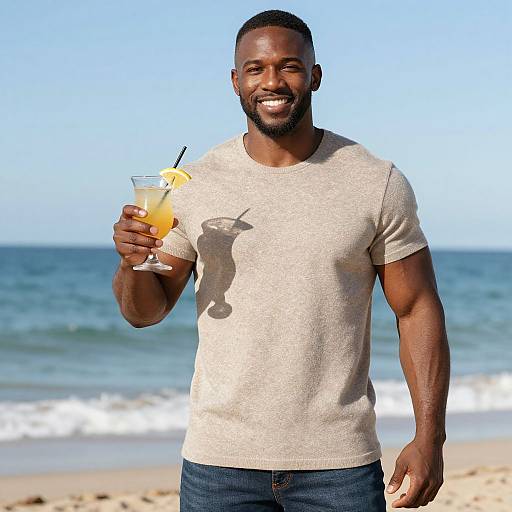 Smiling Man Holding Tropical Cocktail on Beach in Casual Outfit