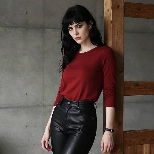 Fashion Portrait of Woman in Red Top and Black Leather Pants