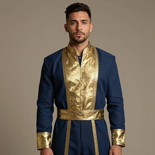 Man Wearing Blue and Gold Traditional Regal Outfit