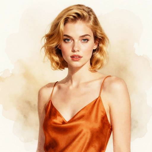 Confident Blonde Woman in Orange Silk Camisole with Watercolor Background