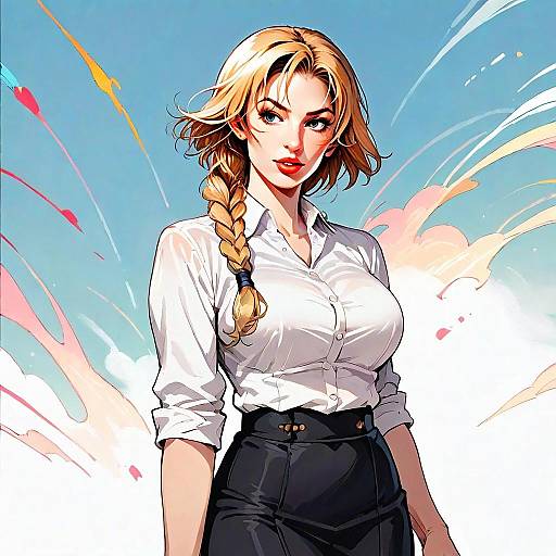 Blonde Woman in White Shirt with Braid Against Abstract Pastel Sky Illustration