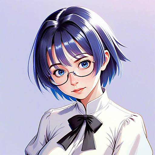 Hakamichi Shizune Portrait of Young Woman with Blue Hair and Glasses in Anime Style