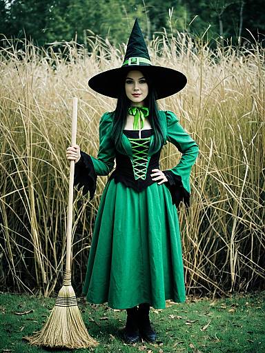 Woman in Green Witch Costume Full Body Cosplay Photo with Hat and Broom